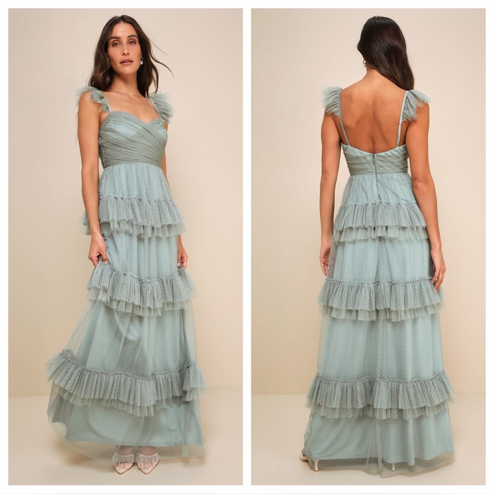 Lulus Pure Radiance Sage Brush Mesh Swiss Dot Tiered Maxi
Dress